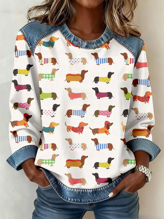 Women's Dachshund Art Print Denim Patchwork Sweatshirt