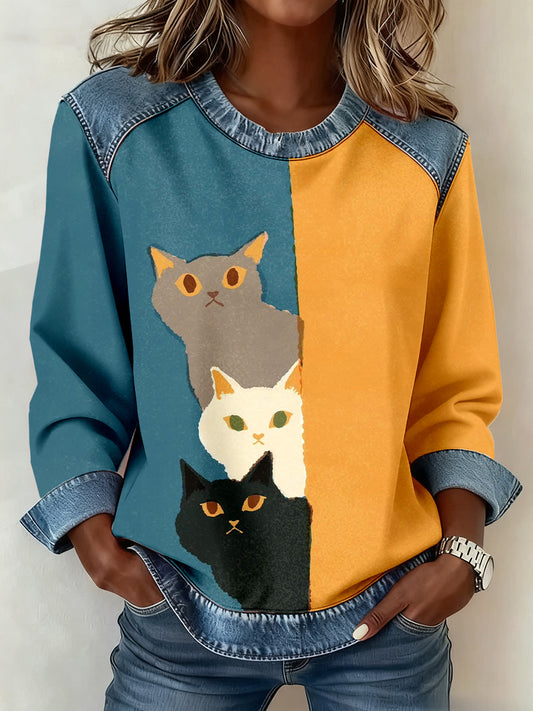 Women's Cute Cat Print Denim Patchwork Sweatshirt