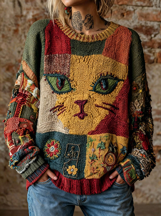 Women's Artistic Cat Print Vintage Tops