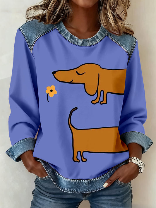 Women's Dachshund Art Print Denim Patchwork Sweatshirt
