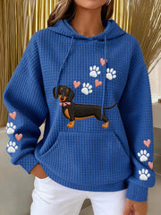 Women's Dachshund Love Heart Print Dog Lovers Casual Waffle Hoodie