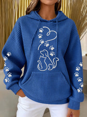 Women's Dog And Cat Love Heart Print Casual Waffle Hoodie