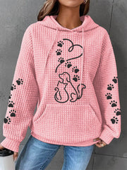 Women's Dog And Cat Love Heart Print Casual Waffle Hoodie