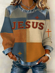 Women's Jesus Cross Patchwork Denim Patchwork Top