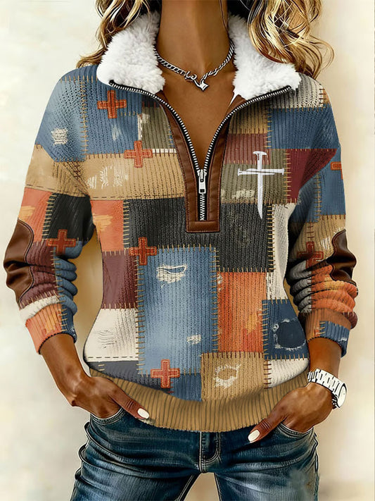 Women's Faith Cross Patchwork  Printed Casual Sweatshirt