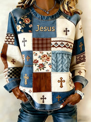 Women's Jesus Cross Floral Patchwork Printed Denim Patchwork Top
