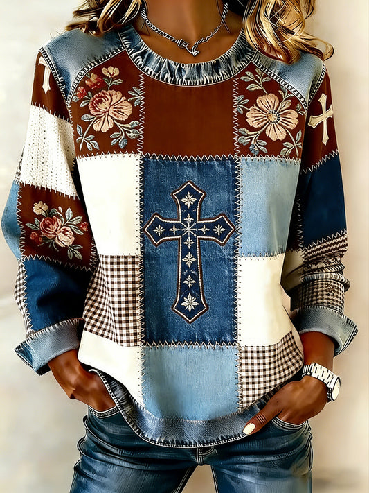 Women's Faith Cross Floral Patchwork Printed Denim Patchwork Top