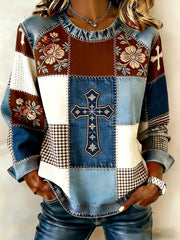 Women's Faith Cross Floral Patchwork Printed Denim Patchwork Top