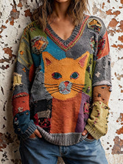 Women's Cat Art V-Neck Tops