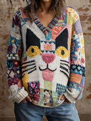 Women's Cat Art V-Neck Tops