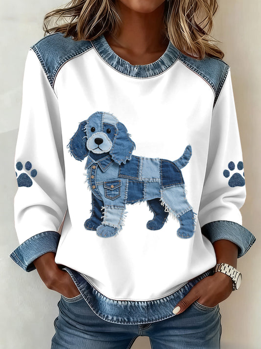 Women's Lovely Cocker Spaniel Pattern Denim Patchwork Sweatshirt