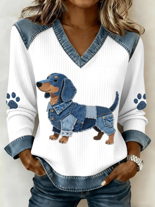 Women's Lovely Dachshund Pattern Denim Patchwork V-Neck Top