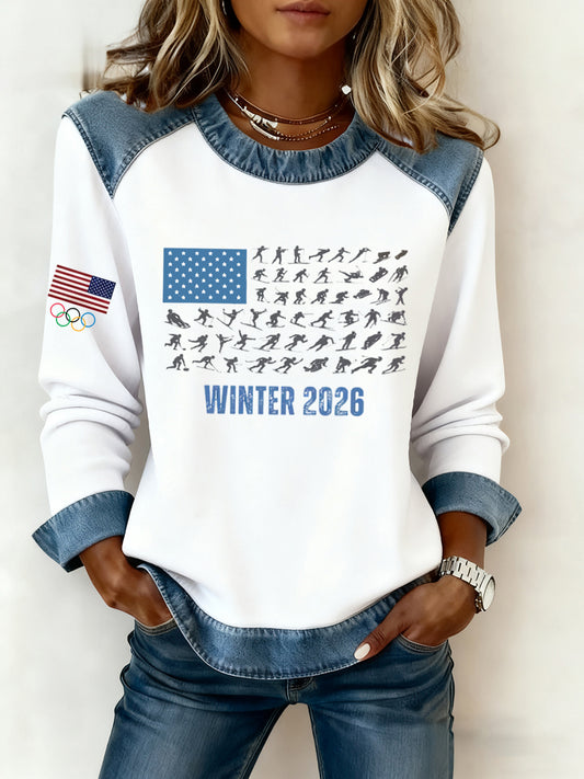 Women's USA Winter Sports 2026 Printed Denim Patchwork Sweatshirt