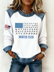 Women's USA Winter Sports 2026 Printed Denim Patchwork Sweatshirt