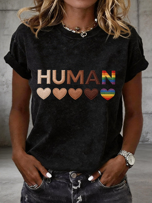 Women's Human Equality Embroidery Pattern T-Shirt