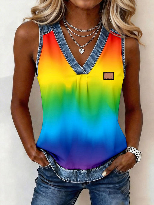 Women's Rainbow Colored Print Denim Patchwork Top