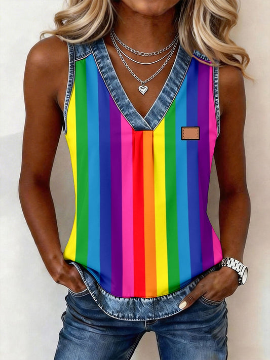 Women's Rainbow Colored Striped Print Denim Patchwork Top