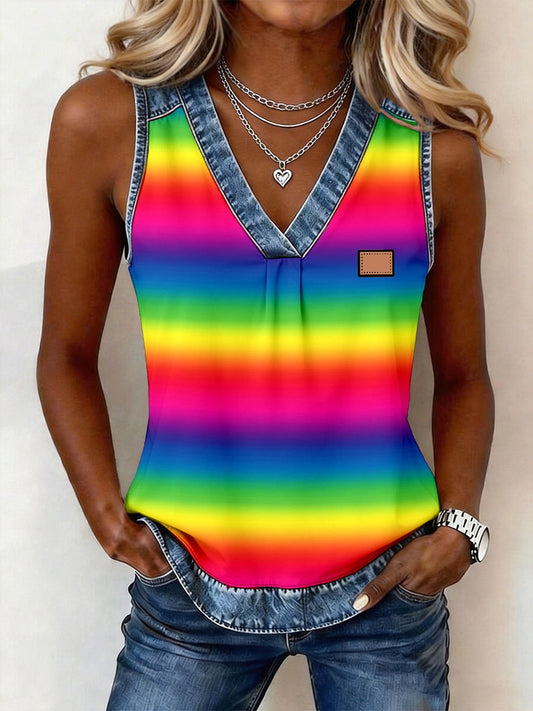 Women's Rainbow Colored Striped Print Denim Patchwork Top
