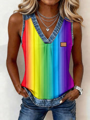 Women's Rainbow Colored Striped Print Denim Patchwork Top