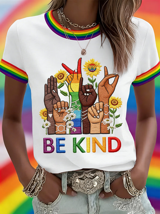 Women's Be Kind Rainbow Print Pride Month Casual Tee