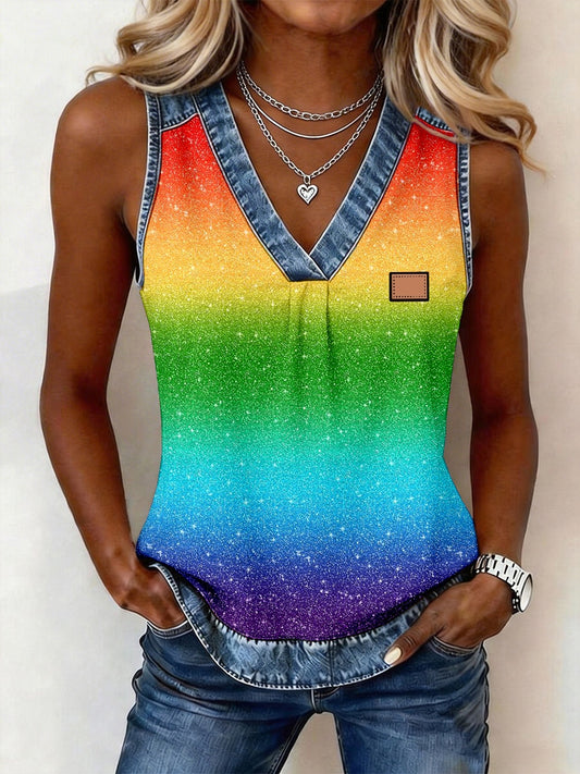 Women's Rainbow Colored Print Denim Patchwork Top