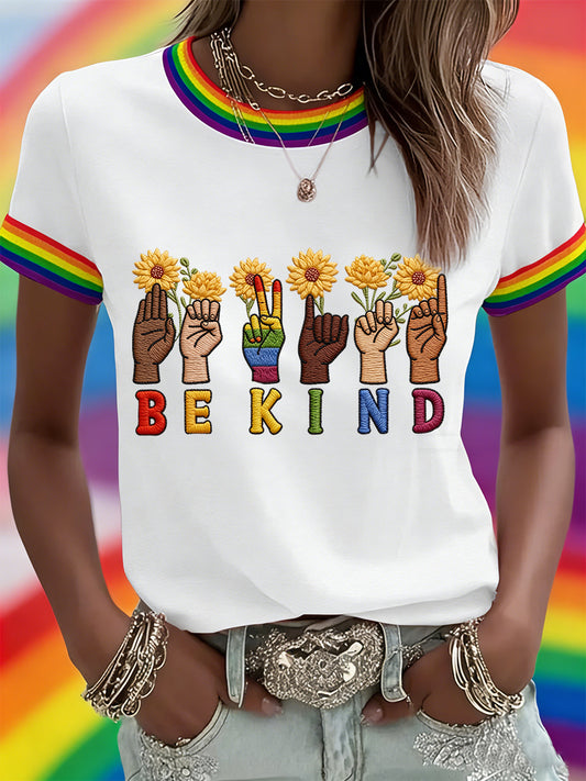 Women's Be Kind Rainbow Print Pride Month Casual Tee