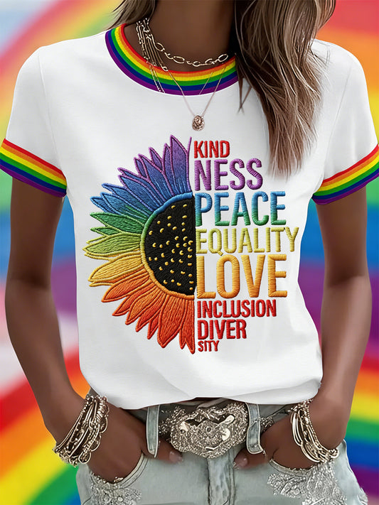 Women's Kindness Peace Equality Love Inclusion Diver Sity Rainbow Print Casual Tee