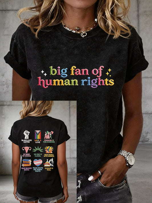 Women's Big Fan of Human Rights Embroidery Pattern T-Shirt