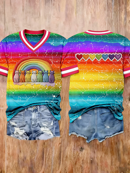 Women's Rainbow Lgbt Cat Art Printed Short Sleeve T-shirt