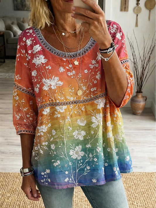 Women's Rainbow Art Print Casual Round Neck Hollow-out Top