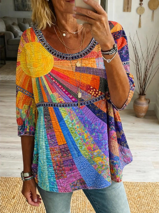 Women's Rainbow Art Print Casual Round Neck Hollow-out Top