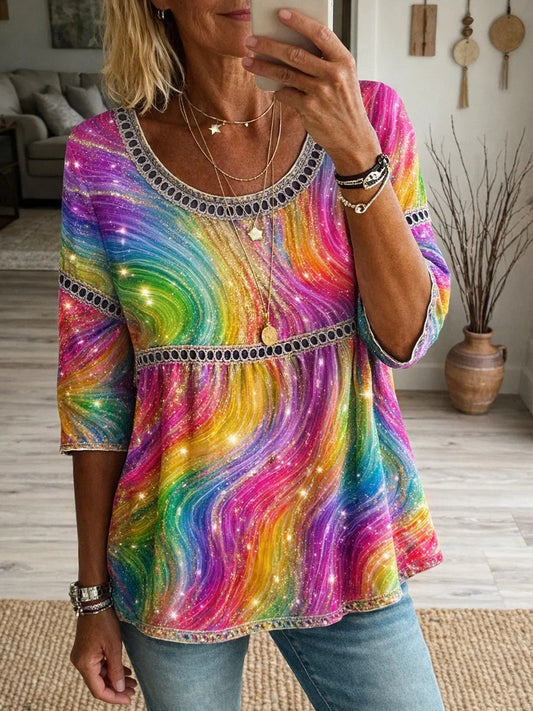 Women's Rainbow Art Print Casual Round Neck Hollow-out Top