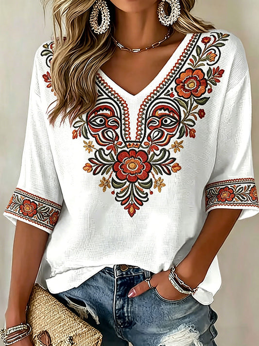 Women's Indigenous Floral Print Casual T-Shirt
