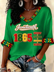 Women's Juneteenth Print Casual V-Neck Waffle Top