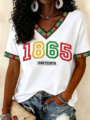 Women's Juneteenth 1865 Print Casual V-Neck Tee