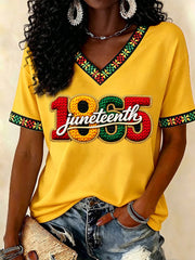 Women's Juneteenth Print Casual V-Neck Tee