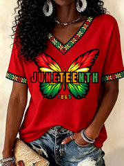 Women's Juneteenth Butterfly Print Casual V-Neck Tee