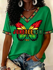Women's Juneteenth Butterfly Print Casual V-Neck Tee