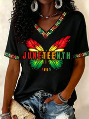 Women's Juneteenth Butterfly Print Casual V-Neck Tee
