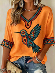 Women's Indigenous Hummingbird Art V-Neck Tops