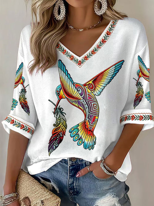 Women's Indigenous Hummingbird Art V-Neck Tops