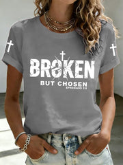 Women's Christian Cross Broken But Chosen Print Tee