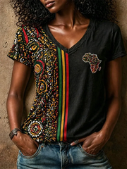Women's African Map Patchwork Print  linen short-sleeved T-shirt