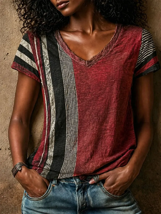 Women's Vintage Patchwork Striped linen short-sleeved T-shirt