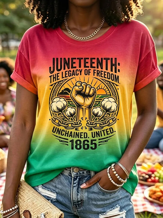 Women's Juneteenth Freedom Gradient O-Neck Casual Short Sleeve T-Shirt