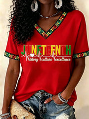 Women's Juneteenth History Culture Excellence Respect Print Casual V-Neck Tee