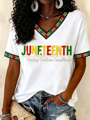 Women's Juneteenth History Culture Excellence Respect Print Casual V-Neck Tee