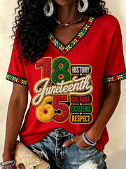 Women's Juneteenth History Culture Excellence Respect Print Casual V-Neck Tee