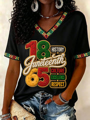 Women's Juneteenth History Culture Excellence Respect Print Casual V-Neck Tee