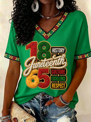Women's Juneteenth History Culture Excellence Respect Print Casual V-Neck Tee